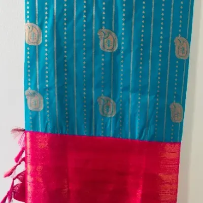Blue and pink silk saree with gold pattern